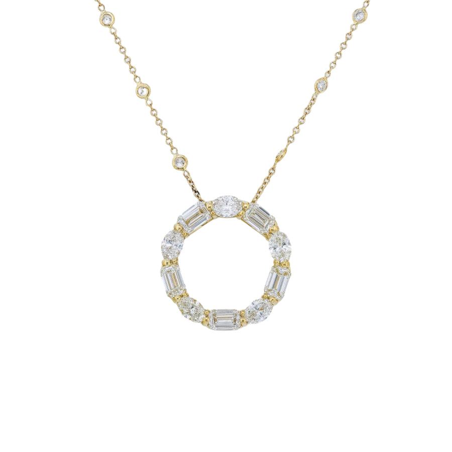 Circle 3.12ct Emerald Cut & Oval Diamond Shared Prong Pendant in 18K Yellow Gold, without chain