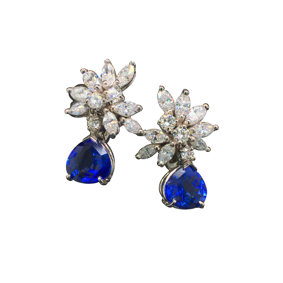 6.12ct Pear Shaped Sapphire 2.57ct Marquise and 0.68ct Round Diamond Earrings in Platinum
