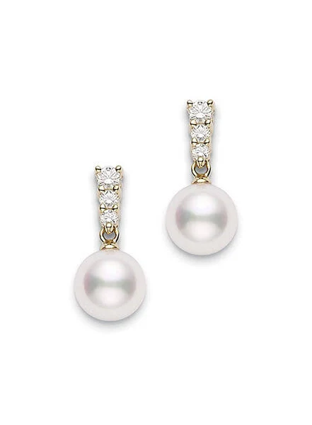 Morning Dew 7.5mm A+ Akoya Pearl and 0.26ct Diamond Earrings in 18K Yellow Gold