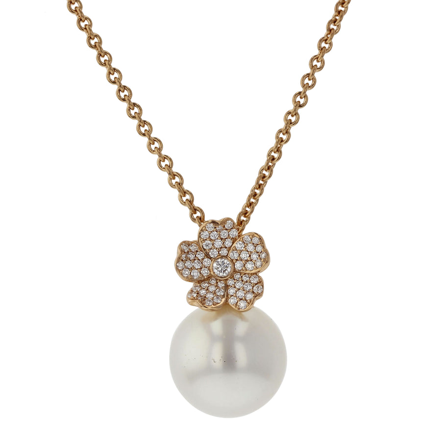 Cherry Blossom 12mm A+ White South Sea Pearl and 0.22ct Diamond Pendant in 18K Rose Gold, 16-18" chain