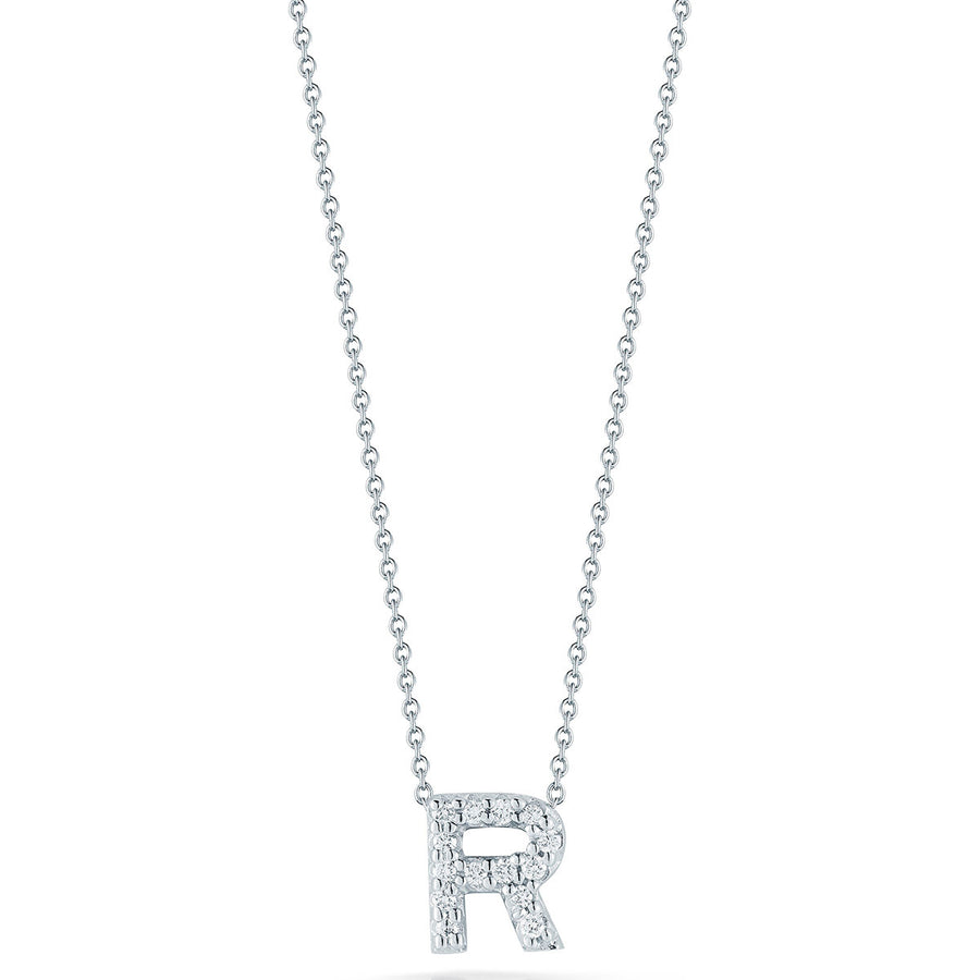 Tiny Treasures 0.06ct Diamond Love Letter "R" Pendant in 18K White Gold, 16-18" chain