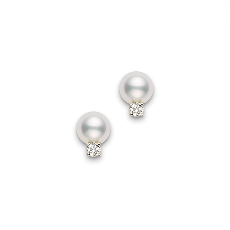 7.5-8mm A+ Akoya Pearl and 0.20ct Diamond Stud Earrings in 18K Yellow Gold