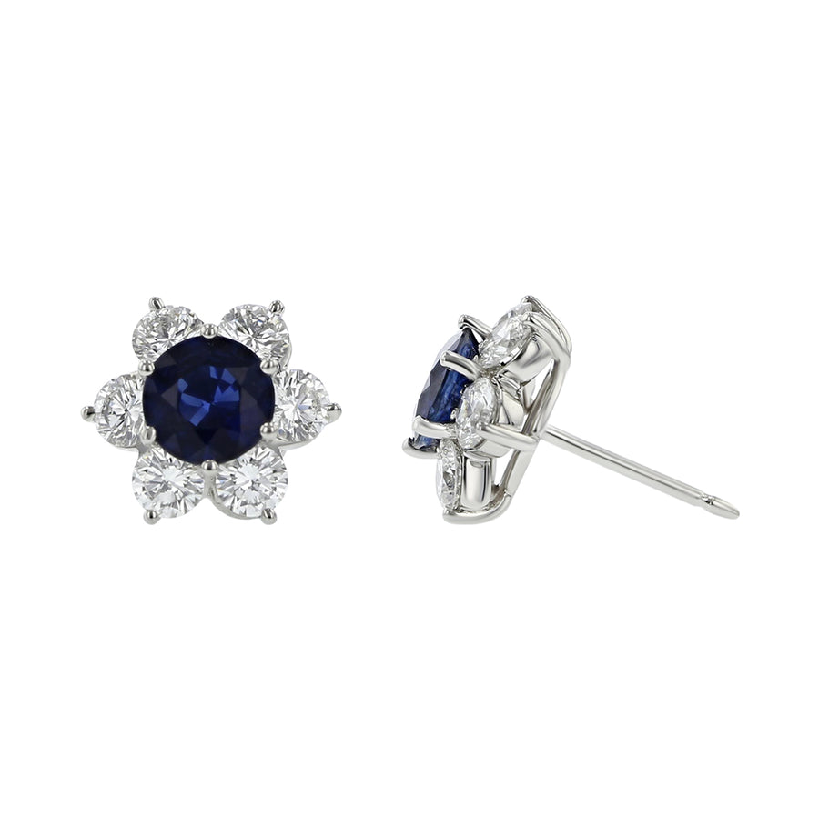 PLAT 2 ROUND BLUE SAPPHIRES=2.42CTS (H) & 12 FC DIAS=2.19CTS HALO FLOWER EARRINGS WITH 18KW JUMBO BACKS