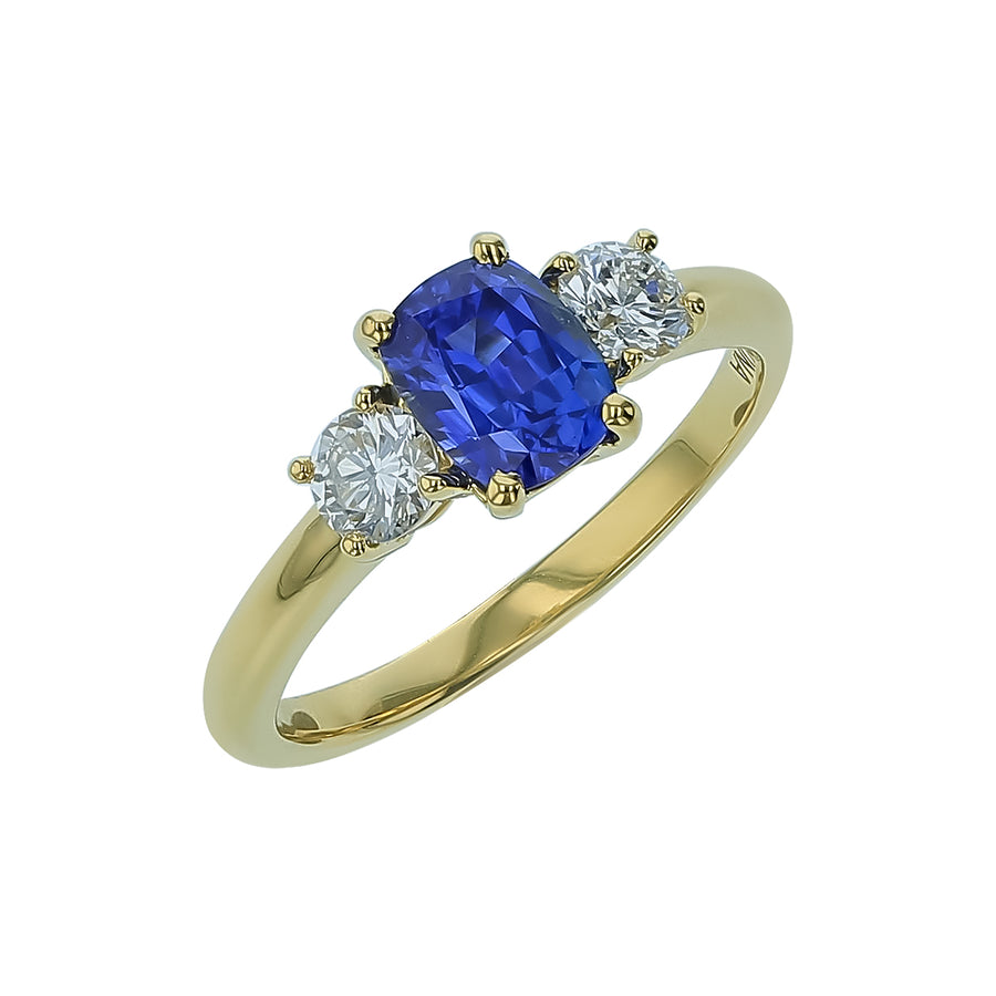 1.47ct Cushion Sapphire and 0.46ct Diamond Ring in 18K Yellow Gold, Size 6.5