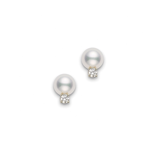 6-6.5mm A+ Akoya Pearl and 0.06ct Diamond Stud Earrings in 18K Yellow Gold