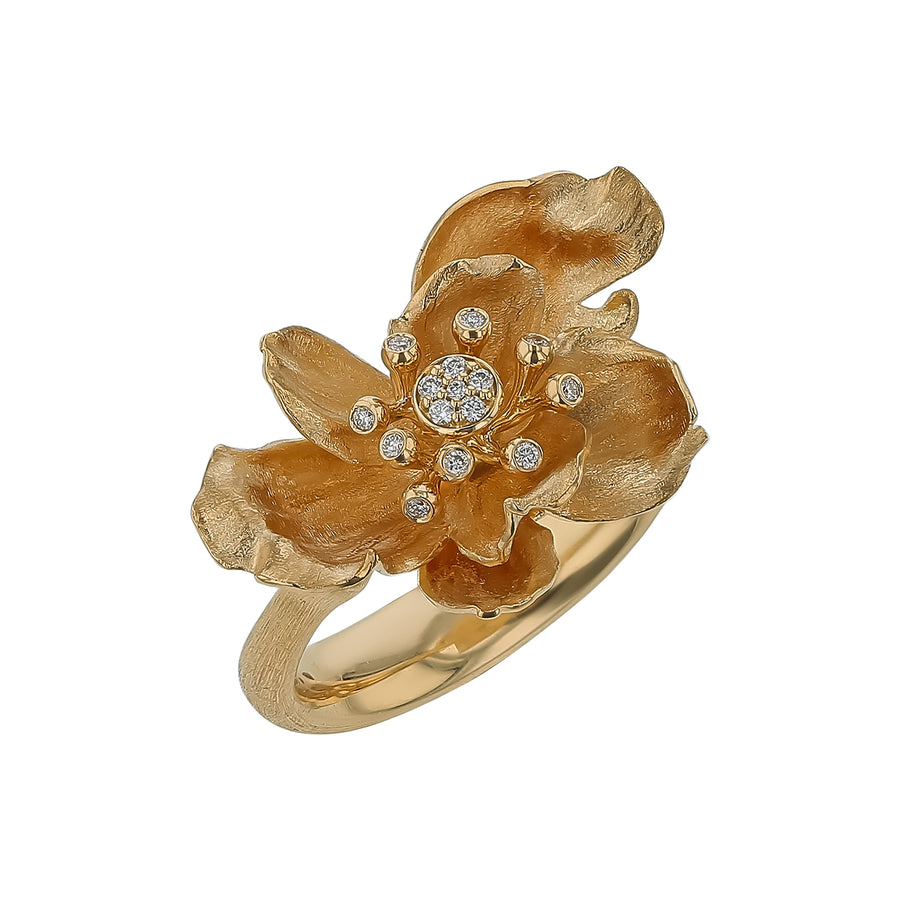 Wild Rose 0.07ct Diamond Flower Ring in 18K Yellow Gold, Size 6