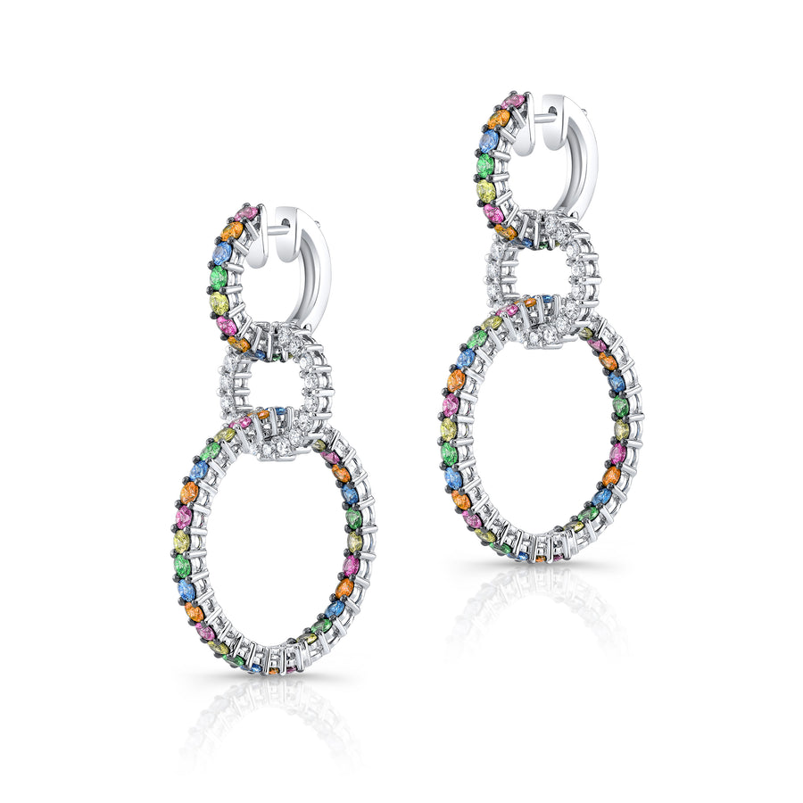 American Glamour 4.02ct Round Sapphire, 0.92ct Round Tsavorite and 1.04ct Round Brilliant Diamond Round Triple Hoop Earrings in 18K White Gold