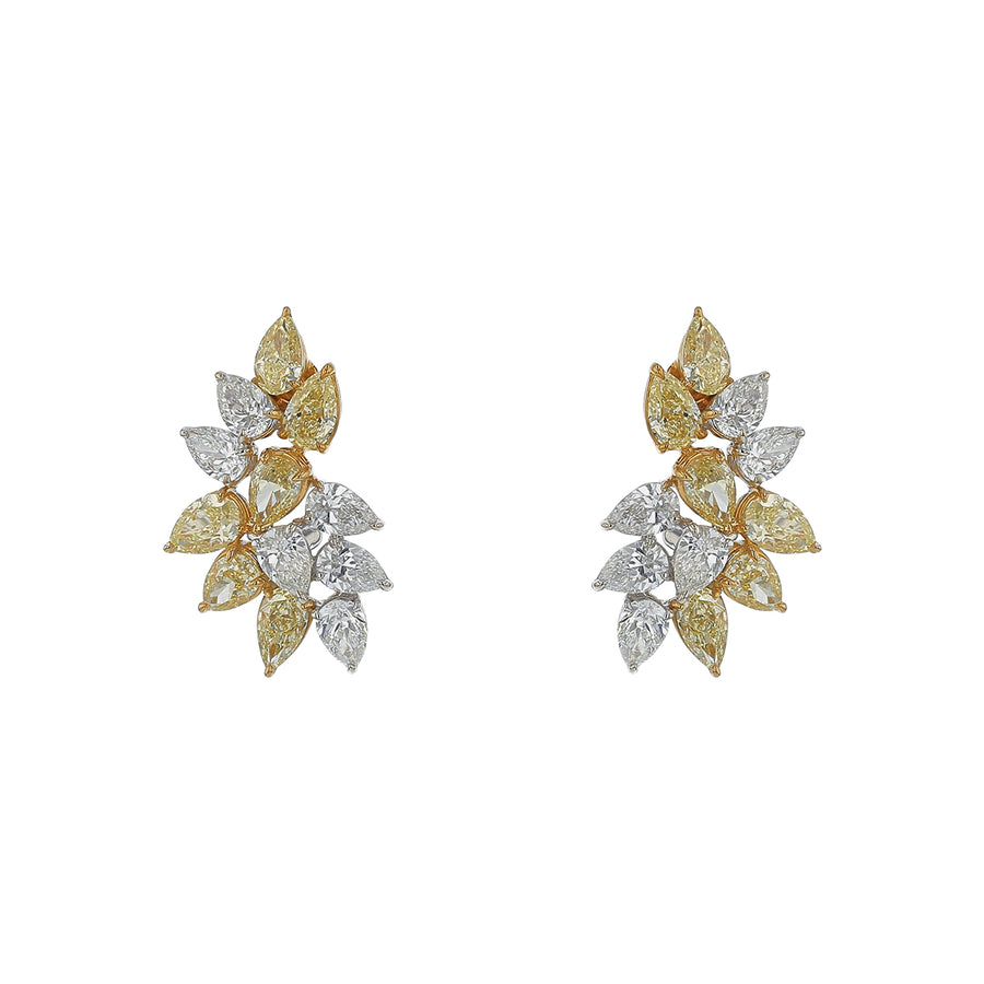 3.96ct Yellow Pear Shape Diamond and 2.93ct Pear Shape Diamond Cluster Stud Earrings in 18K White and Yellow Gold