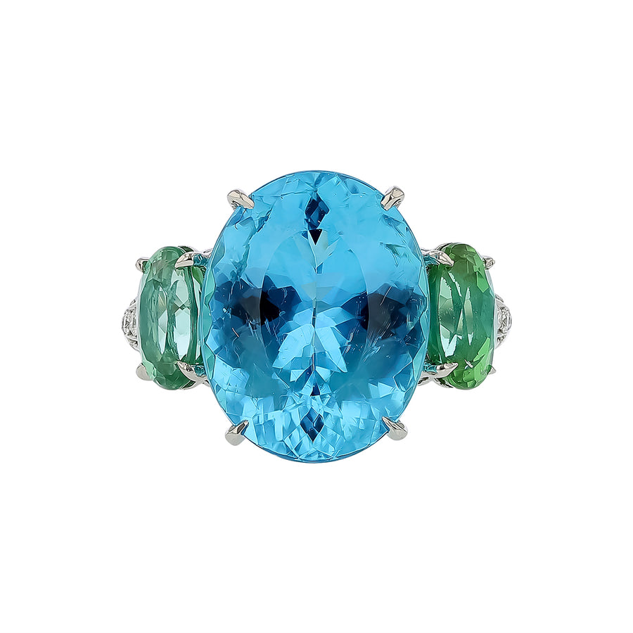 9.61ct Oval Paraiba Tourmaline, 3.13ct Oval Tourmaline and 1.22ct Diamond 3 Stone Ring in Platinum, size 5.75