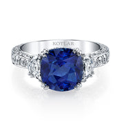 Artisan Pave 5.11ct Cushion Cut Blue Sapphire and 1.40ct Diamond Scallop Ring in Platinum
