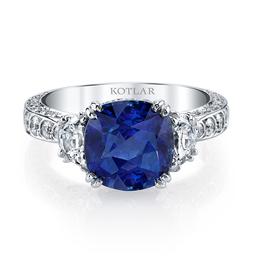 Artisan Pave 5.11ct Cushion Cut Blue Sapphire and 1.40ct Diamond Scallop Ring in Platinum