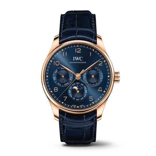 42mm Portugieser Perpetual Calendar Watch with Blue Dial in 18K Rose Gold, Strap