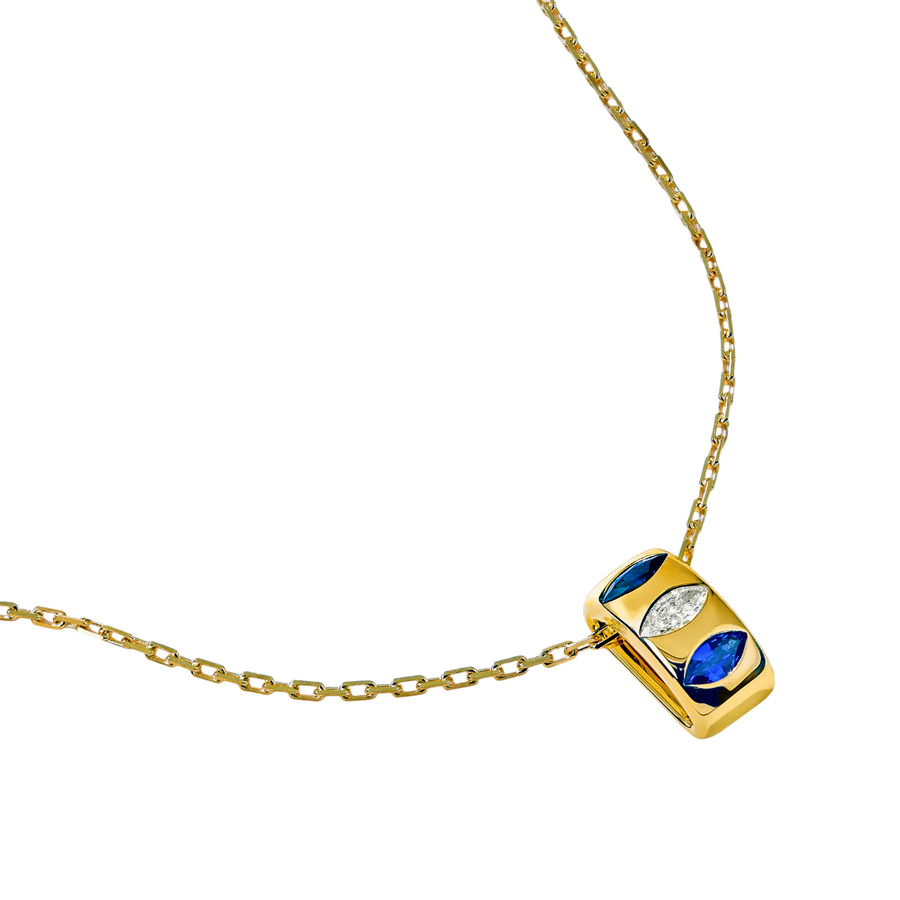 Guardian 0.33ct Marquise Sapphire and 0.11ct Marquise Diamond 3 Stone Pendant in 18K Yellow Gold, 18" chain