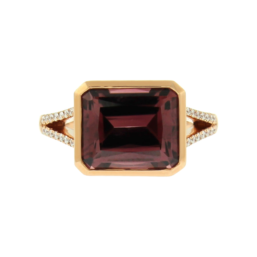 11ct Emerald Cut Spiced Zircon and 0.16ct Diamond Split Sided Ring in 18K Rose Gold, size 7