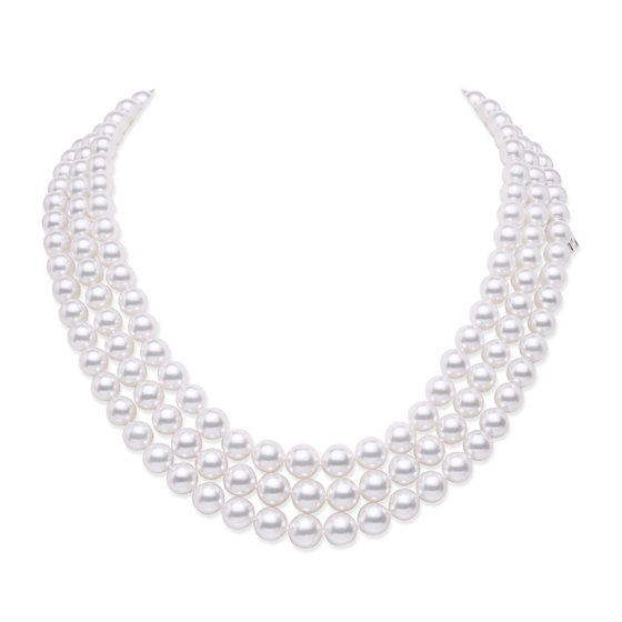 9x7mm A1 Pearl Triple Strand Necklace in 18K White Gold, 18-22"