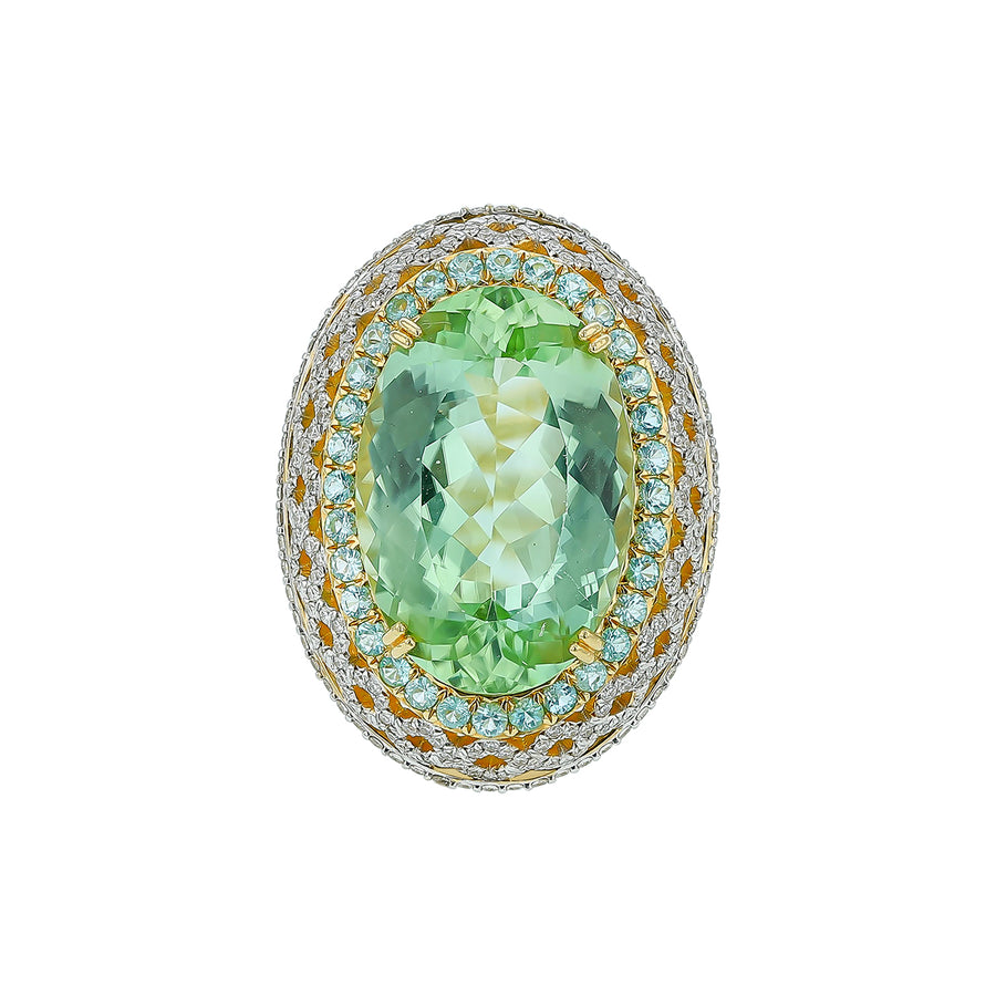 14.93ct Oval Mint Green Tourmaline, 0.63ct Paraiba and 0.61ct Diamond Halo Ring in 18K White Gold, size 6.5