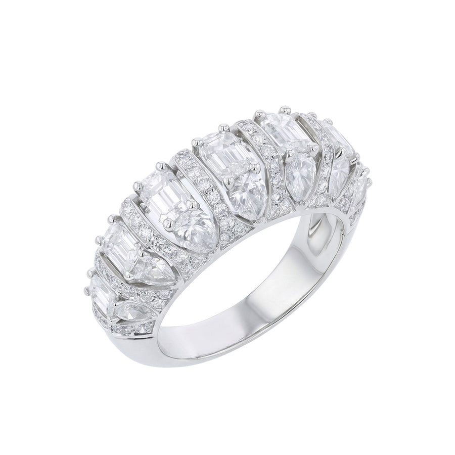 3.23ct Pear Shape, Round and Emerald Cut Diamond Dome Ring 18K White Gold, size 6.5