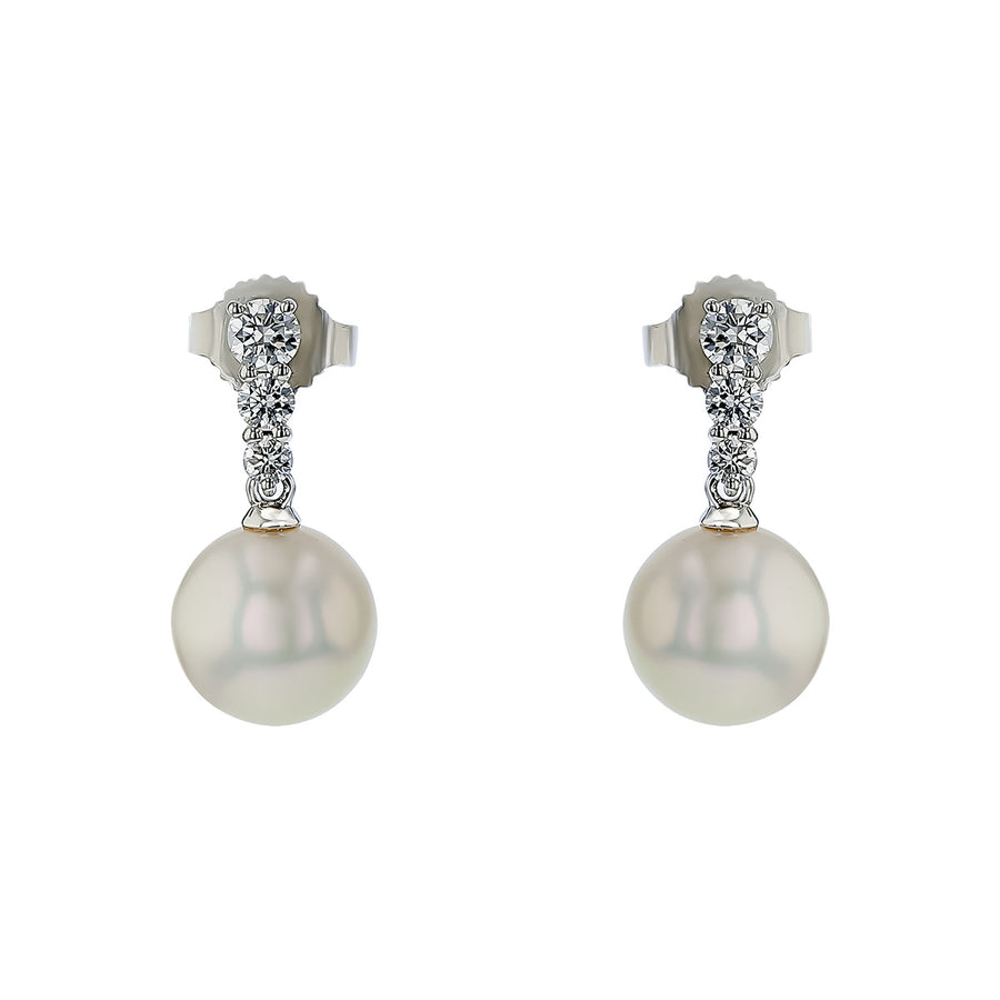 Morning Dew 7.5mm A+ Akoya Pearl and 0.26ct Diamond Drop Earrings in 18K White Gold