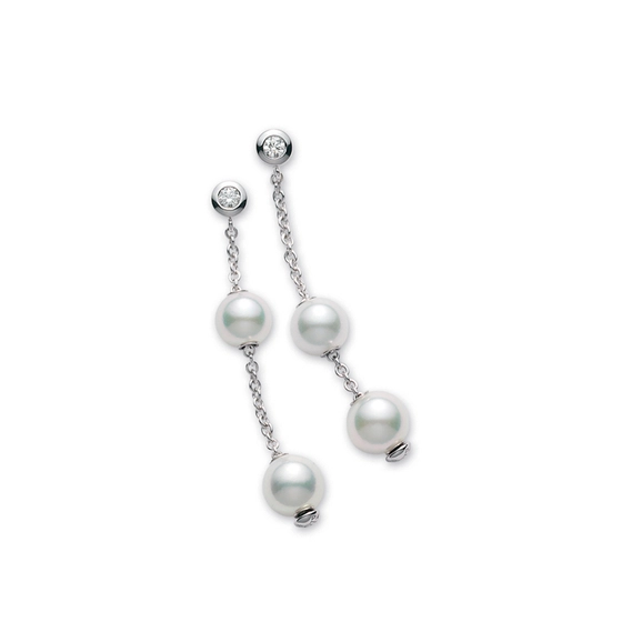Pearls in Motion 0.14ct Diamond and Akoya 7x7.5mm Pearl Drop Earrings in 18K White Gold