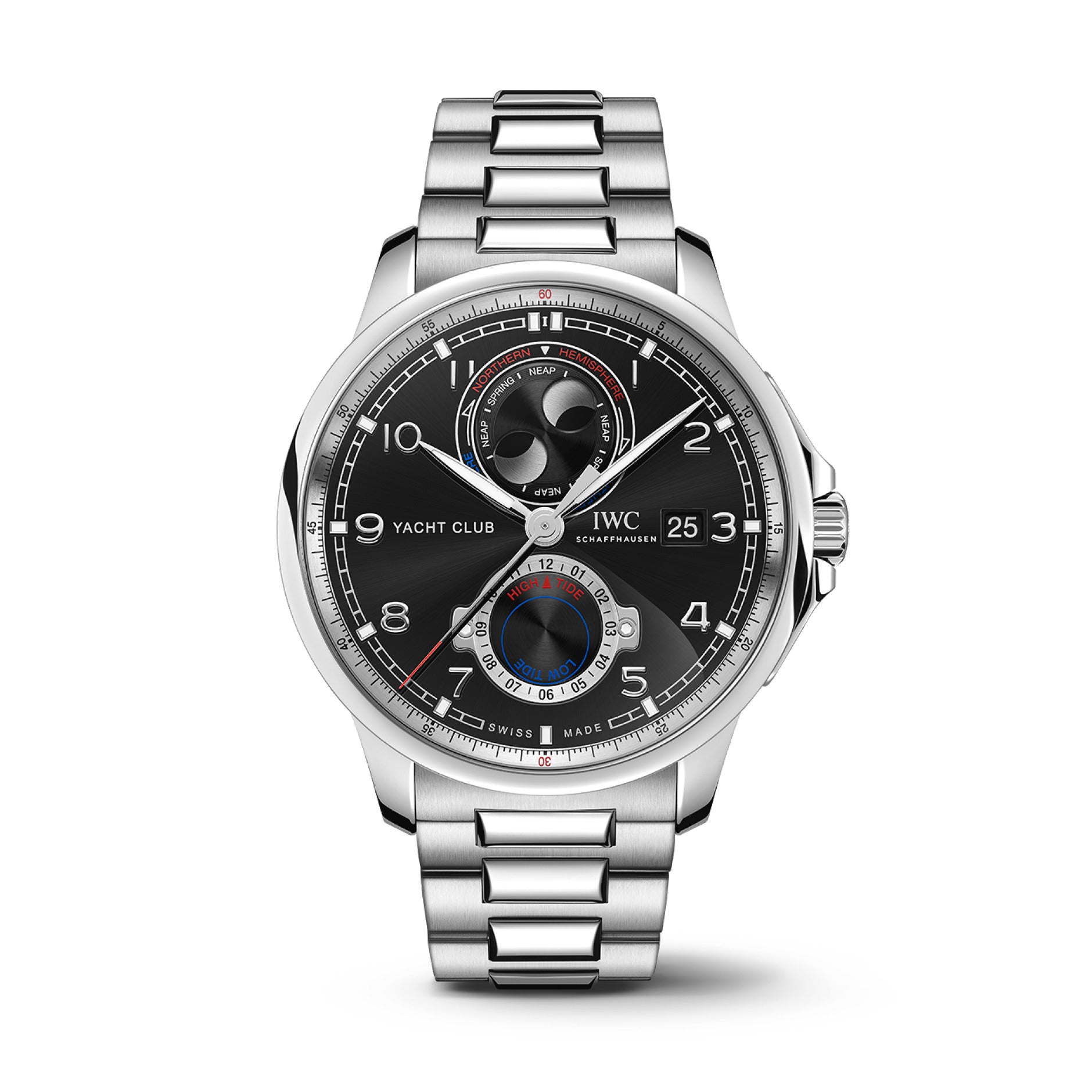 44.6mm Portugieser Yacht Club Moon and Tide Watch with Black Dial in Stainless Steel, Bracelet