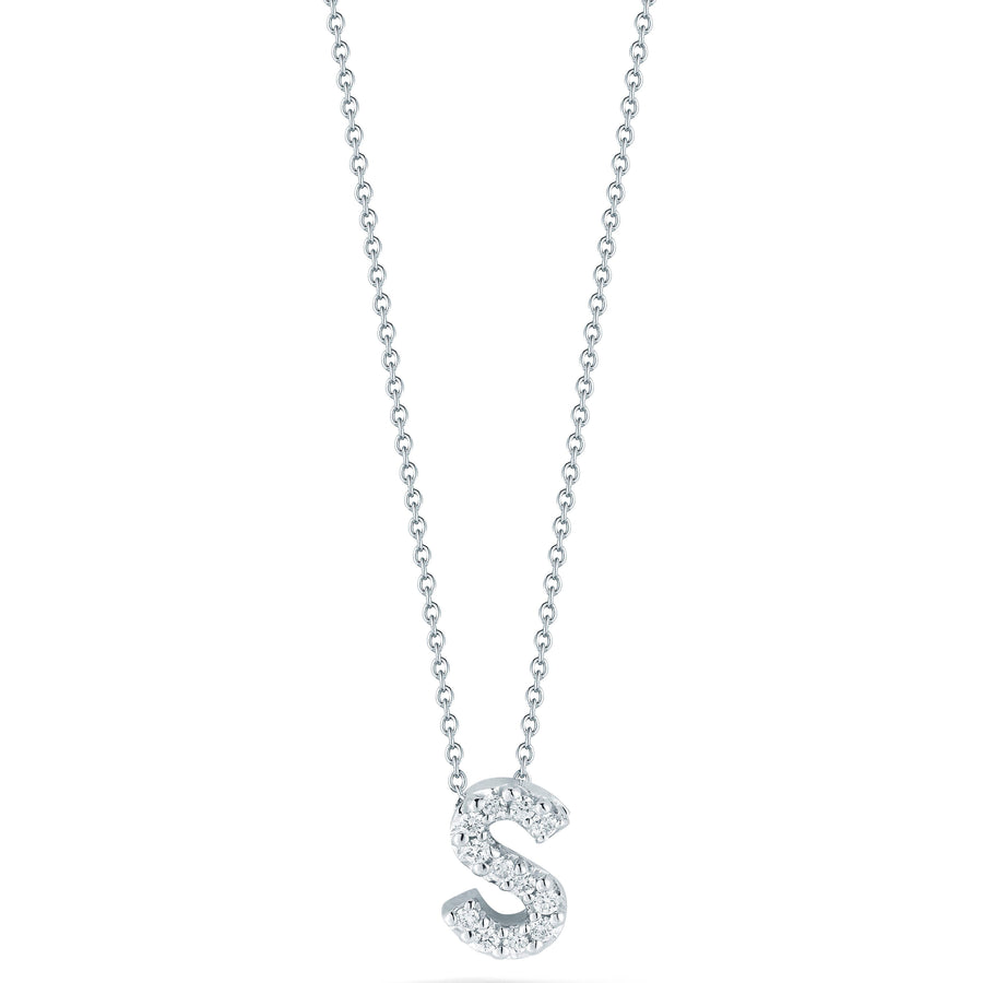 Tiny Treasures 0.05ct Diamond Love Letter "S" Pendant in 18K White Gold, 6-18" chain