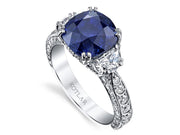 Artisan Pave 5.11ct Cushion Cut Blue Sapphire and 1.40ct Diamond Scallop Ring in Platinum