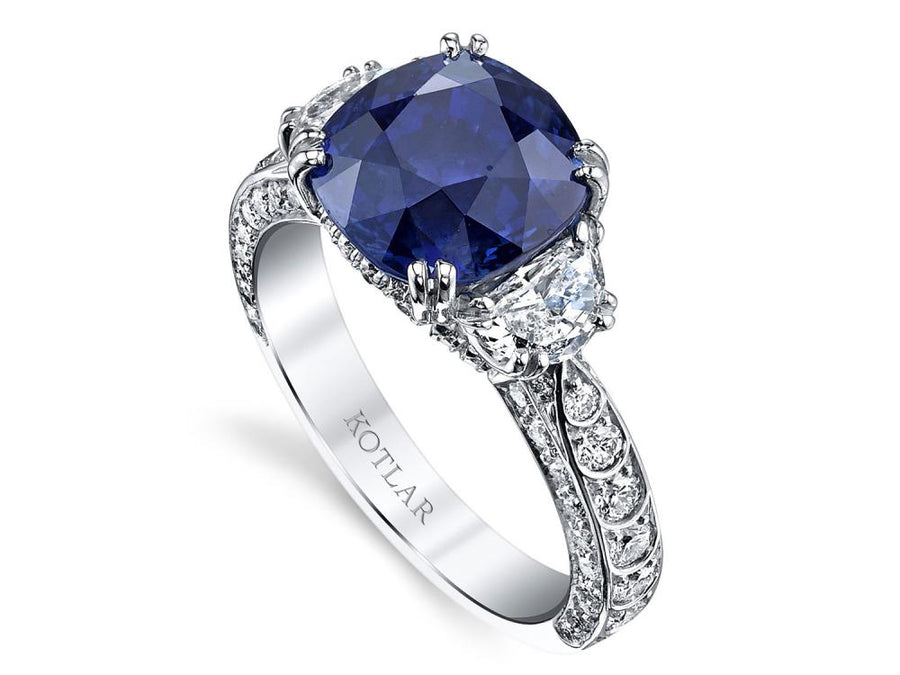 Artisan Pave 5.11ct Cushion Cut Blue Sapphire and 1.40ct Diamond Scallop Ring in Platinum