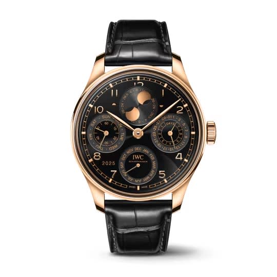 44.4mm Portugieser Perpetual Calendar Watch with Black Dial in 18K Rose Gold, Strap