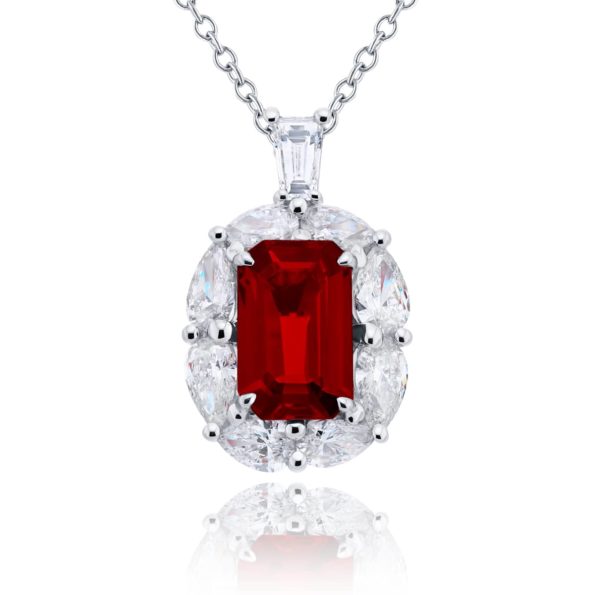 1.93ct Emerald Cut Ruby and 1.76ct Pear Shape, Round and Tapered Baguette Diamond Halo Pendant, without chain