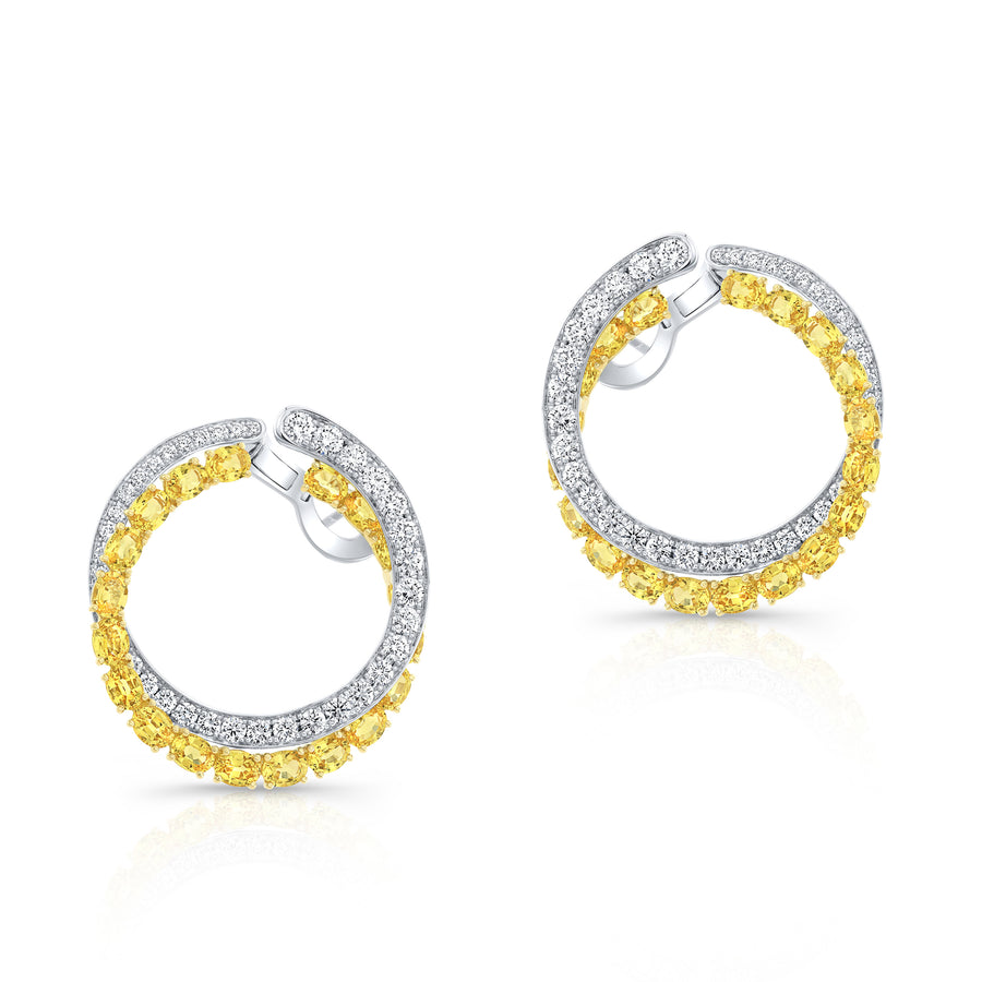 American Glamour 7.50ct Oval and Round Light Yellow Sapphire, 2.47ct Round Brilliant Diamond Eternal Hoop Earrings in 18K Yellow and White Gold