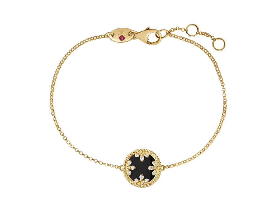 Venetian Medallion 2.00ct Black Jade, 0.05ct Diamond, and Mother of Pearl Charm Bracelet in 18K Yellow Gold, 7"