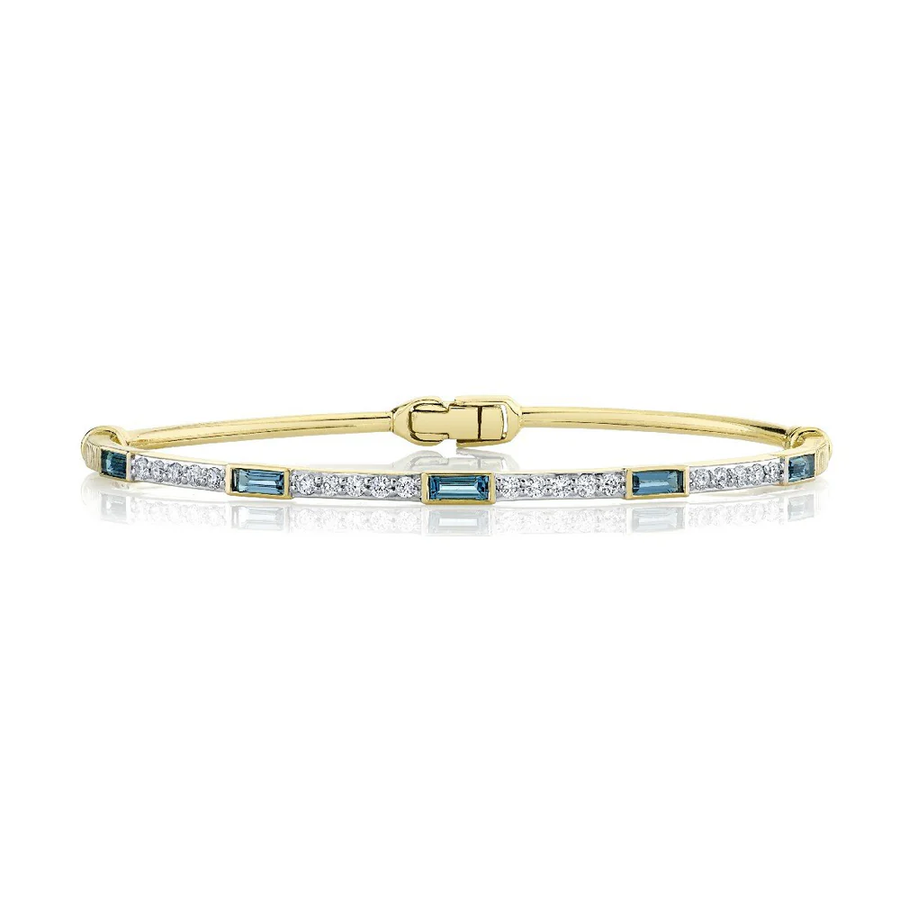 0.82ct Baguette London Blue Topaz and 0.44ct Diamond Bangle Bracelet in 18K Yellow Gold, size 6.5