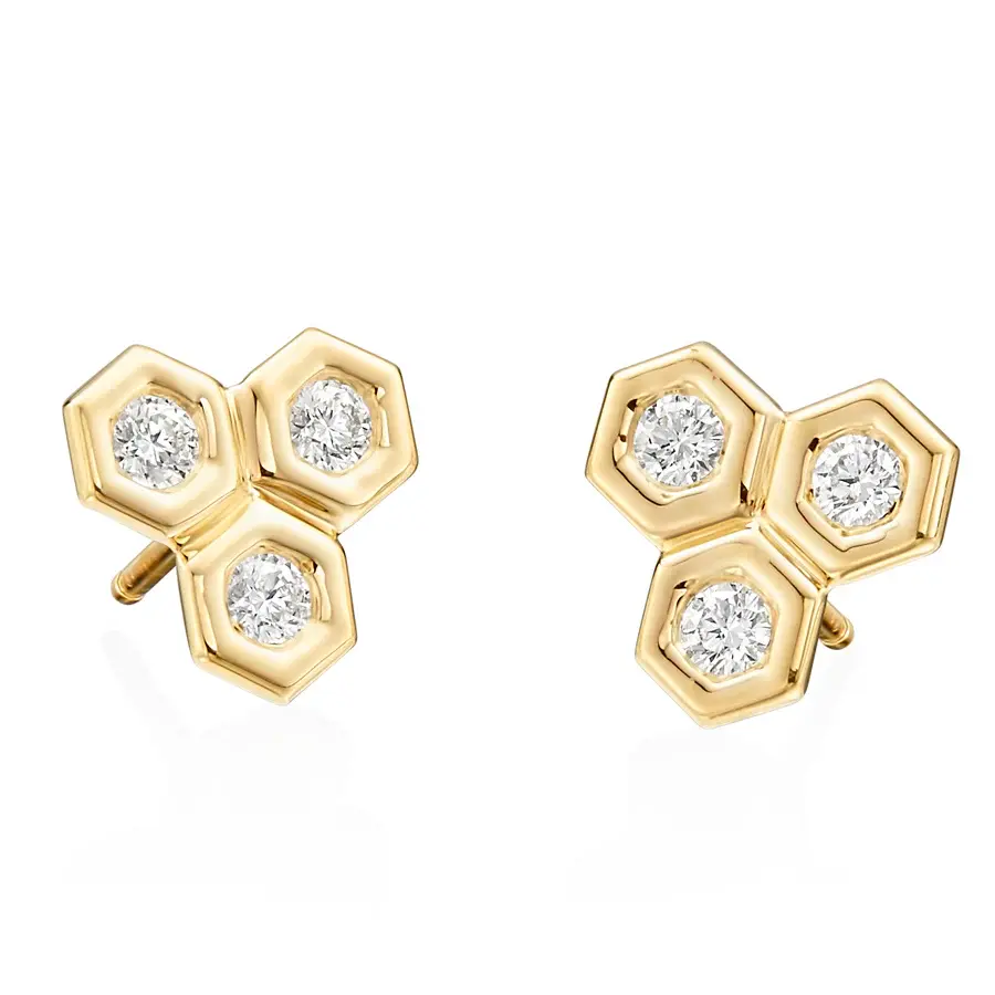 Honeycomb B 0.50ct Diamond Hexagon Bezel Stud Earrings in 18K Yellow Gold