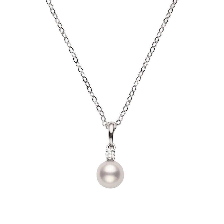7-7.5mm AA Akoya Pearl and 0.05ct Diamond Pendant in 18K White Gold, 16-18" chain