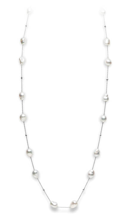 18K WHITE GOLD 10-12MM 18 WHITE SOUTH SEA PEARLS, 8 DIAMONDS=0.21CT 40" NECKLEACE