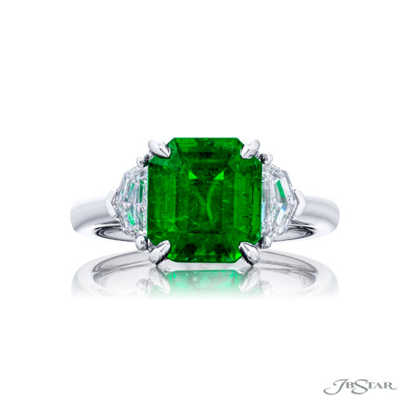 2.79ct Emerald Cut Emerald and 0.62ct Epaulet Diamond 3 Stone Ring in Platinum