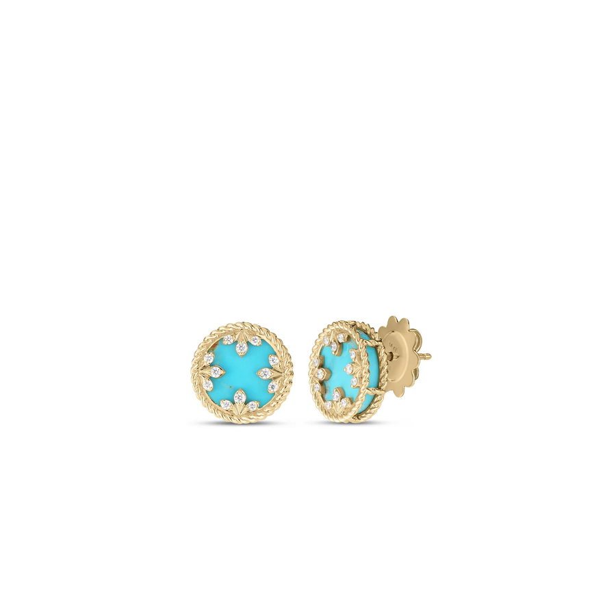 Venetian Medallion 0.10ct Diamond and 3.70ct Turquoise Stud Earrings in 18K Yellow Gold