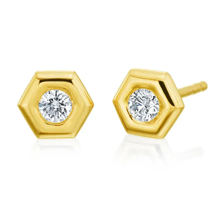 Mini B 0.30ct Diamond Hexagon Stud Earrings in 18K Yellow Gold