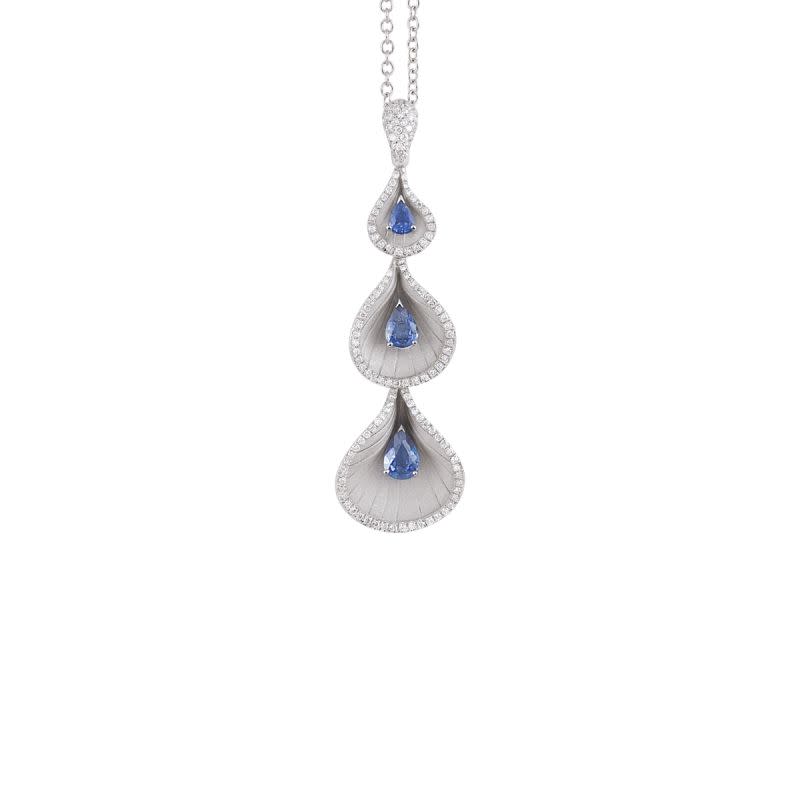 Premiere Color 1.04ct Blue Sapphire and 0.36ct Diamond Triple Tier Pendant in 18K White Ice Gold, 18" chain