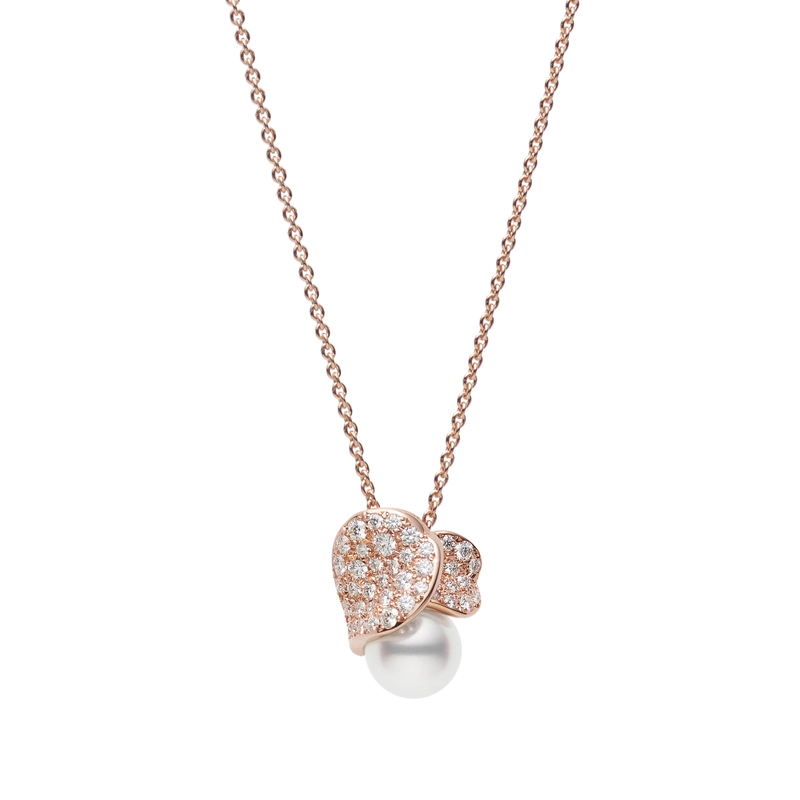 Les Pétales Akoya A+ 8mm Pearl and 0.44ct Diamond Pendant in 18K Rose Gold, 18" chain