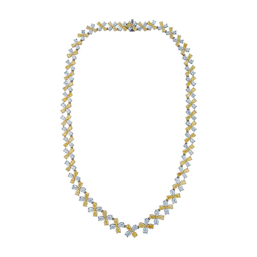 41.57ct Pear Shape Fancy Yellow Diamond and Diamond Floral Necklace in 18K White and Yellow Gold