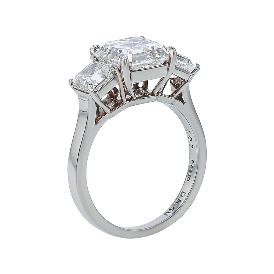 3.02ct Asscher Cut Diamond and 1.54ct Asscher Cut Diamonds 3 Stone Ring in Platinum