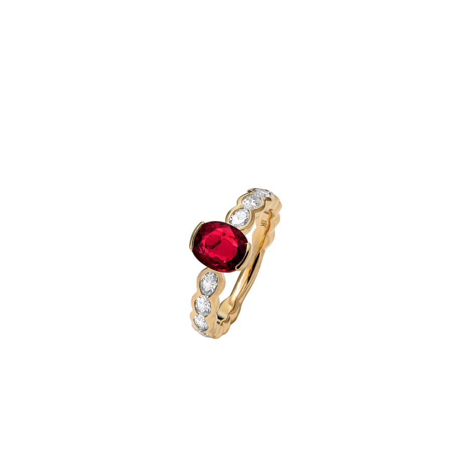 Groovy 2.02ct Oval Ruby and 0.87ct Diamond Semi Bezel Ring in 18K Yellow Gold, Size 7