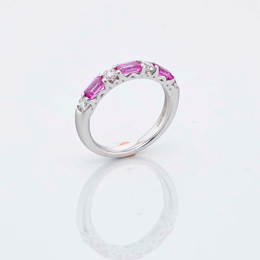 0.98ct Emerald Cut Pink Sapphire and Round Diamond E-W Partway Band in Platinum