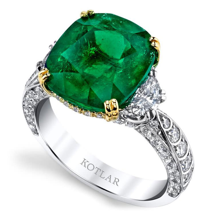 5.60ct Cushion Emerald and 1.28ct Diamond Ring in Platinum, size 5.5