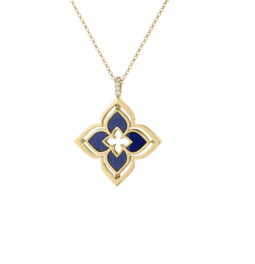 Venetian Princess Pirouette 2.90ct Blue Lapis and 0.30ct Diamond Flower Pendant in 18K Yellow Gold, 17" chain