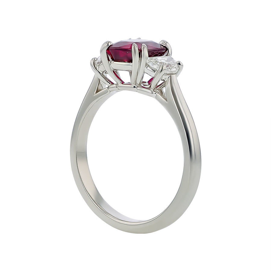 2.02ct Cushion Mozambique Ruby and 0.54ct Half Moon Diamond 3 Stone Ring in Platinum, size 6