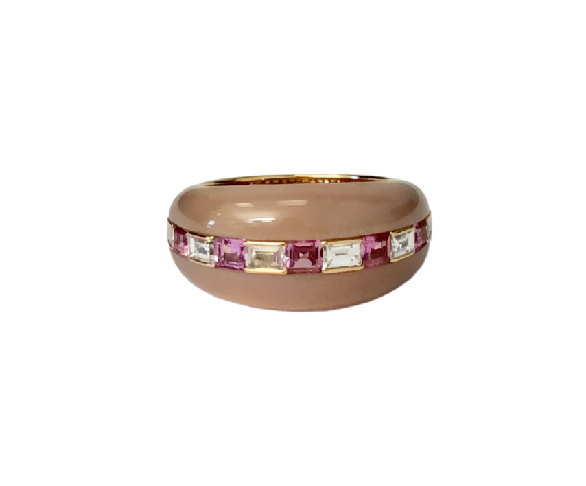 0.99ct Sapphire, 0.50ct Diamond, and 8.00ct Agate Alternating Ring in 18K Rose Gold, size 6