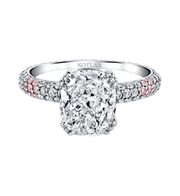 3.04ct Cushion Cut Diamond, 0.78ct Diamond and 0.34ct Diamond Round Diamond Rose Bud Shank Ring in Platinum