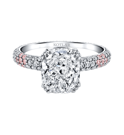 3.04ct Cushion Cut Diamond, 0.78ct Diamond and 0.34ct Diamond Round Diamond Rose Bud Shank Ring in Platinum